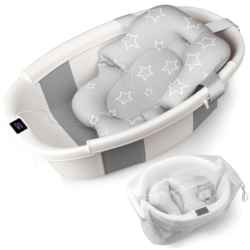 EverKiddo Baby Bathtub, Baby Bath Tub with Thermometer & Soft Cushion, Collapsible Infant Bathtub for Newborn to Toddler 0-36 Months, Quick Use & Portable for Travel(Grey) - Image 1